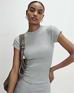 Grey Short Sleeve Fitted Ribbed Top