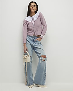 Pink Pleated Collar Cardigan