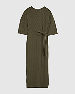 Petite Khaki Short Sleeve Ribbed Cosy Dress