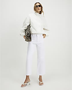 White High Waisted Wide Leg Cropped Jeans