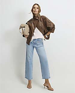 Blue High Waisted Wide Leg Cropped Jeans