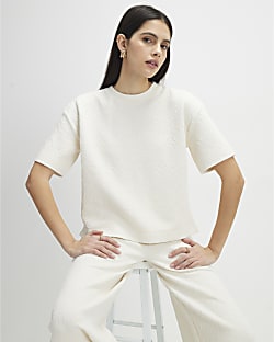 Cream Short Sleeve Jacquard Boxy T-shirt