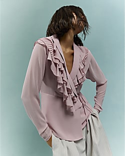 Pink Long Sleeve Wrap Ruffle Blouse