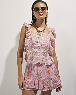 Pink Metallic Coral Print Ruffle Blouse