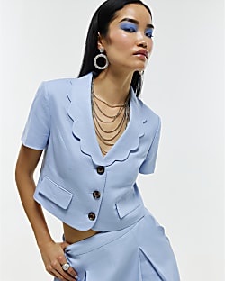 Blue Scallop Trim Linen Blend Cropped Jacket