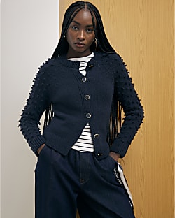 Navy Knitted Bobble Sleeve Cardigan