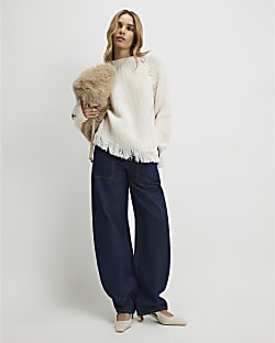Cream Fringe Hem Rib Jumper