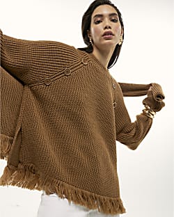 Brown Knitted Long Sleeve Fringed Hem Jumper
