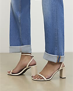 Cream Block Heeled Open Toe Sandals