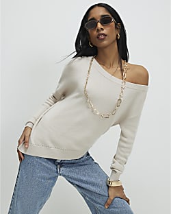 Beige Linen Blend Boat Neck Jumper