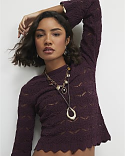 Purple Crochet Knit Boat Neck Jumper