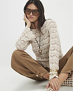 Cream Crochet Knit Boat Neck Jumper