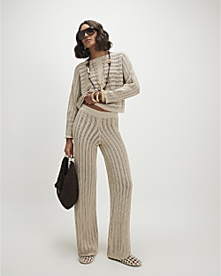 Beige Wide Leg Knitted Trousers