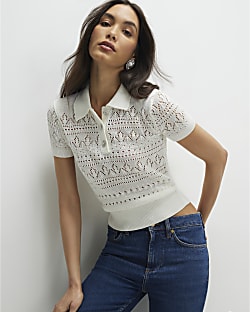 Cream Stitched Knit Polo Top