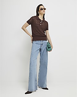 Brown Stitched Knit Polo Top