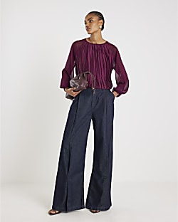 Red Long Sleeve Pleated Front Top