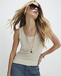 Cream Linen Blend Fine Knit Vest Top