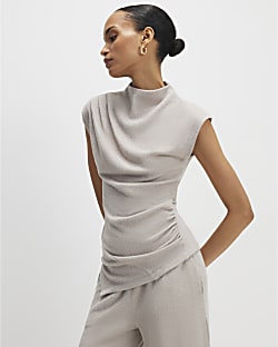 Beige Cosy Sleeveless Drape Top