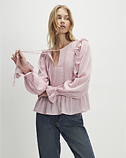 Pink Long Sleeve Lace Insert Blouse