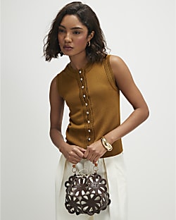 Brown Linen Blend Double Layer Knitted Vest