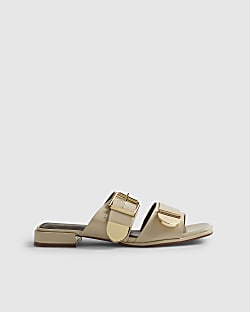 Beige Buckled Flat Sandals