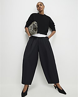 Black Cotton Poplin Barrel Leg Trousers