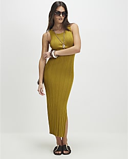 Khaki Knitted Racer Neck Ribbed Midi Dress