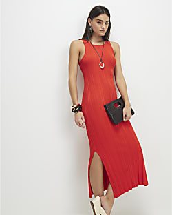 Red Knitted Racer Neck Ribbed Midi Dress