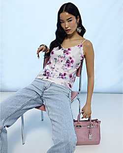 Pink Satin Floral Scallop Trim Cami Top