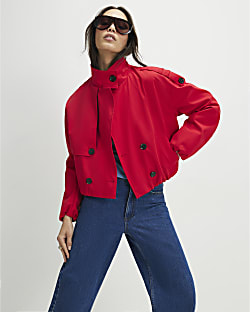 Red Funnel Neck Bubble Hem Trench Coat