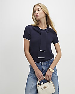 Navy Tie Neck Knitted Top