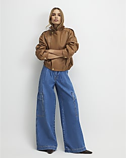 Blue Wide Leg Pleated Cargo Pocket Jeans