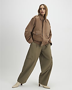 Khaki Barrel Leg Cargo Trousers
