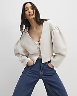 Beige Long Sleeve Button Detail Cardigan