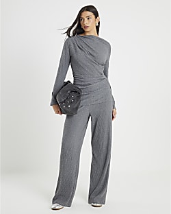 Grey Cosy Ribbed Wide Leg Trousers