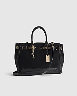 Black Faux Suede Soft Lock Front Tote Bag