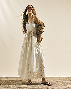 Cream Broderie Flower Strap Cami Maxi Dress