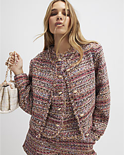 Red Boucle Cropped Bomber Jacket