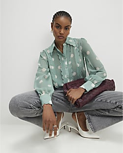 Blue Spot Print Scallop Trim Shirt