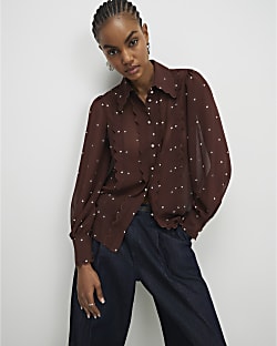 Brown Spot Print Scallop Trim Shirt