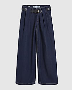 Petite Blue High Rise Pleated Wide Leg Jeans