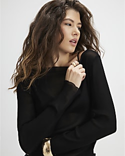 Black Mesh Long Sleeve Ruched Top