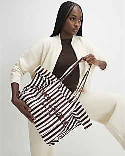 Brown Striped Roll Top Shopper Bag