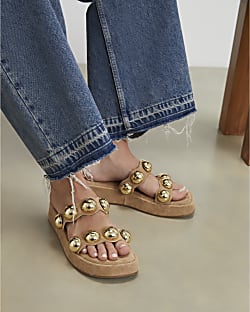 Beige Studded Flatform Sandals