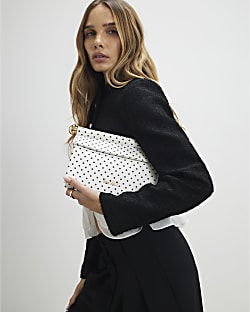 White Spot Metal Handle Fold Over Clutch Bag