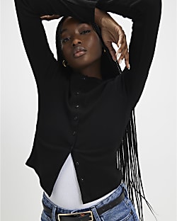 Black Long Sleeve Ribbed Button Up Top