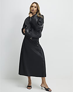 Black Faux Leather Belted Pleated Midi Skirt