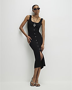 Black Sleeveless Ribbed Button Midi Dress