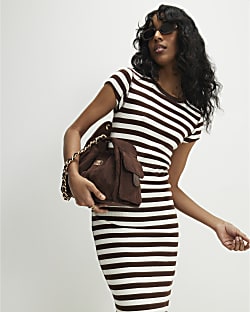 Brown Short Sleeve Striped Ribbed Midi Dress