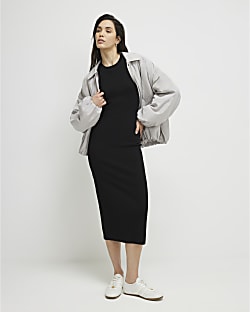 Black Cap Sleeve Ribbed Midi Dress